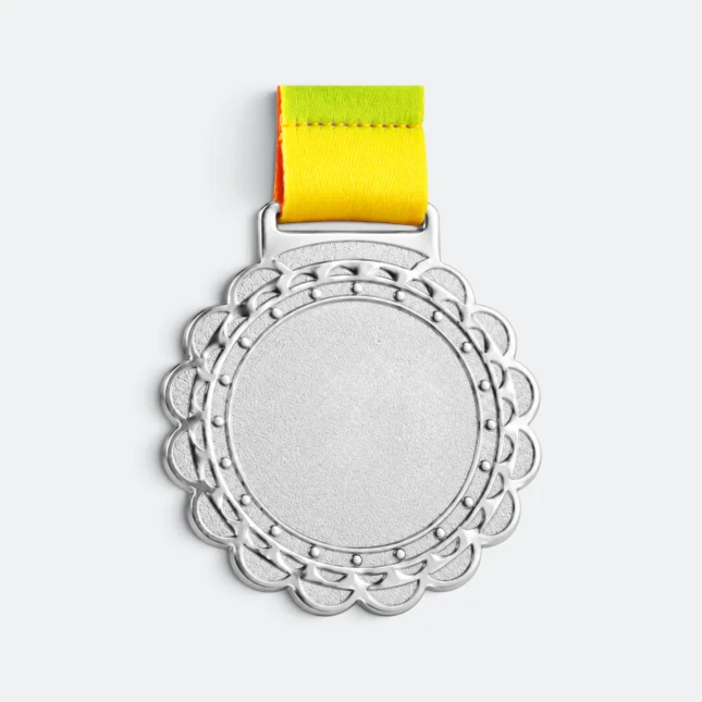Gmg9352 scalloped edge metal medal silver, corporate medal malaysia with custom logo printing