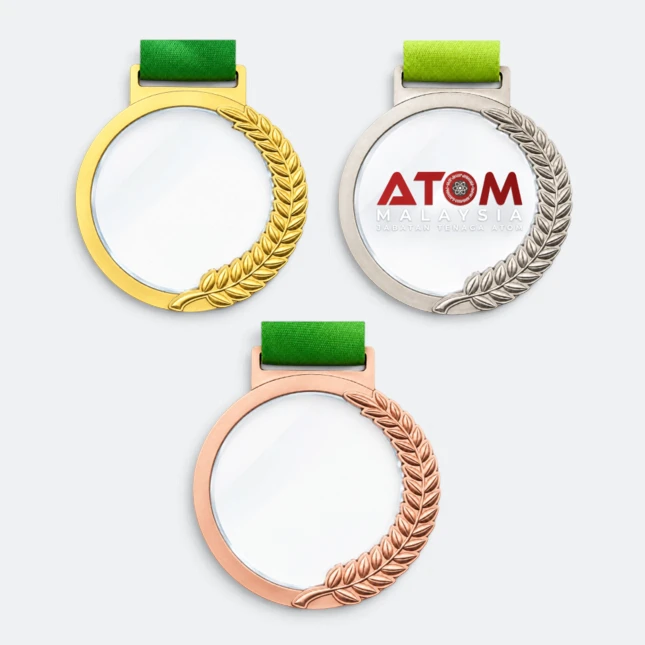 Gmg9355 laurel wreath glass aluminium medal gold, silver and bronze, corporate medal malaysia with custom logo printing
