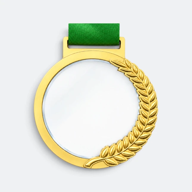 Gmg9355 laurel wreath glass aluminium medal gold, corporate medal malaysia with custom logo printing