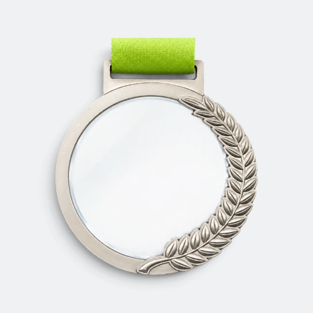 Gmg9355 laurel wreath glass aluminium medal silver, corporate medal malaysia with custom logo printing