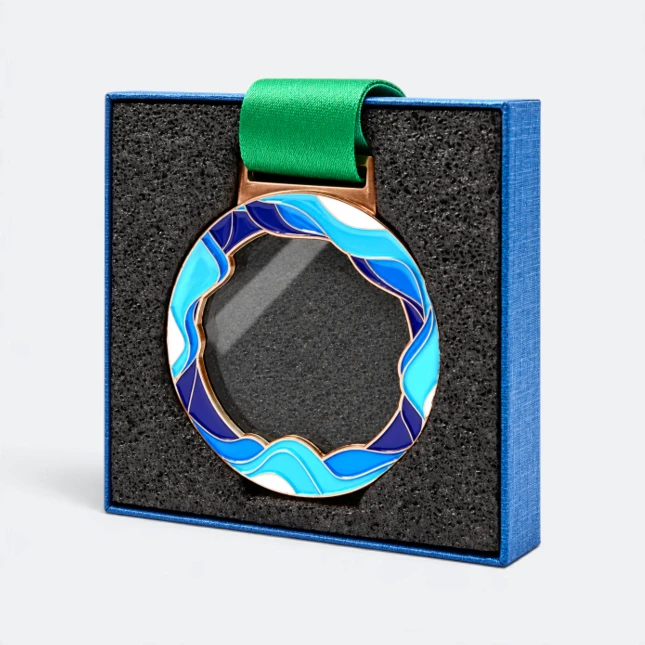 Gmg9357 ocean wave glass aluminium medal in its gift box, corporate medal malaysia with custom logo printing