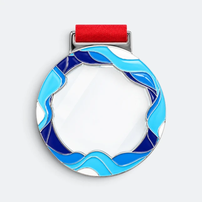 Gmg9357 ocean wave glass aluminium medal silver, corporate medal malaysia with custom logo printing